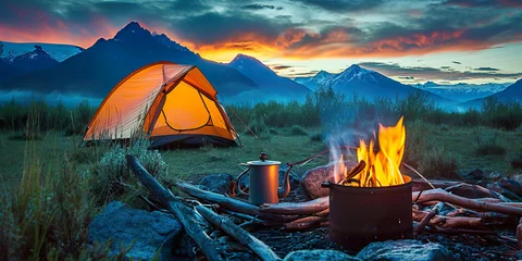 Papier Peint photo Lavable Feu Camp fire and tea pot tent and mountains