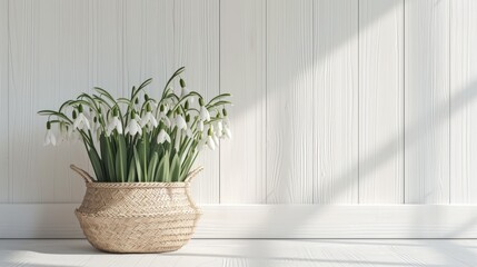 Fototapeta premium snowdrops delicately arranged in a straw basket, set against a minimalist modern style white wooden background, rendered in ultra-realistic detail to evoke a sense of natural beauty and simplicity.