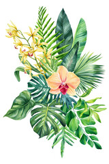 Beautiful Bouquet with Tropical orchid flower leaf illustration, botanical clipart Exotic Plant for banner, poster, card