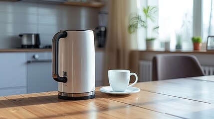 a modern electric kettle sitting beside a cup on a wooden table in a light-filled, minimalist kitchen, portraying the marriage of style and utility in contemporary home appliances.