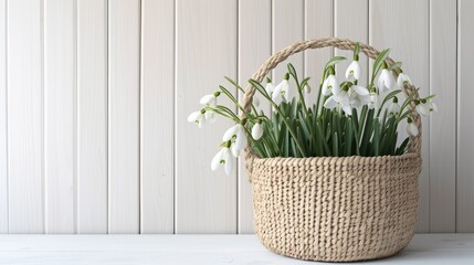 snowdrops delicately arranged in a straw basket, set against a minimalist modern style white wooden background, rendered in ultra-realistic detail to evoke a sense of natural beauty and simplicity.