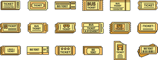 Bus ticketing card icons set. Outline set of bus ticketing card vector icons thin line color flat on white