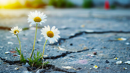 Daisies blooming in an urban concrete crevice.