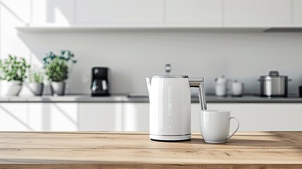 Fototapeta na wymiar a modern electric kettle sitting beside a cup on a wooden table in a light-filled, minimalist kitchen, portraying the marriage of style and utility in contemporary home appliances.