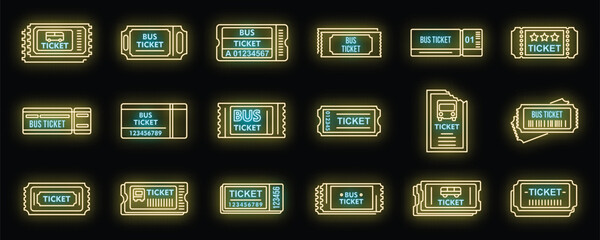 Bus ticketing card icons set. Outline set of bus ticketing card vector icons neon color on black