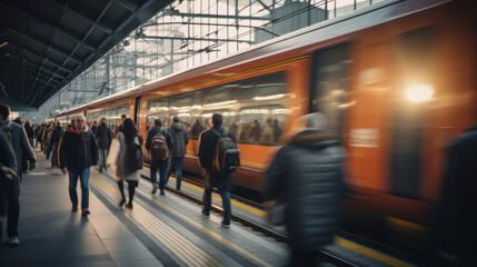 photography of a fast train in motion approaching the station full of people in blur