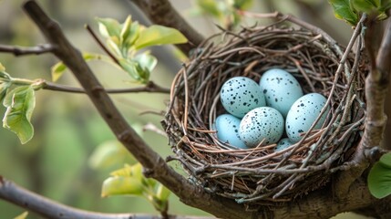 Fototapeta premium a bird's nest with four eggs sitting on a tree branch in a tree branch, with green leaves and a blurry background of a blurry background.