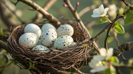 Fototapeta premium a bird's nest with four eggs in it on a tree branch with white flowers in the foreground and a blurry background of a blurry background.