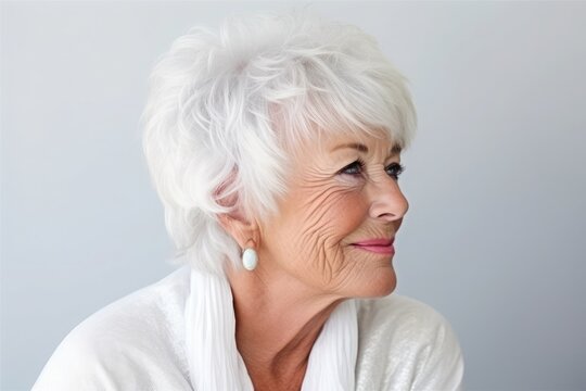 Portrait mature woman with white hair on gray background