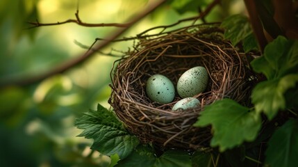  a bird's nest with three eggs sitting in the middle of a leafy branch with green leaves in the foreground and a blurry background of the branches.