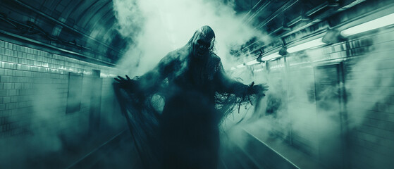 a CGI smoke monster from a movie stalks the subway - obrazy, fototapety, plakaty
