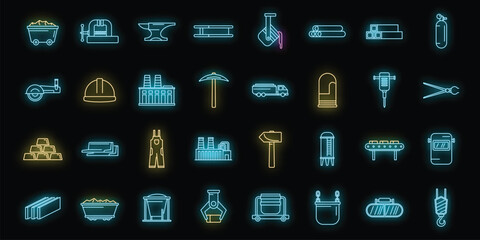 Metallurgy industry icons set. Outline set of Metallurgy industry vector icons neon color on black