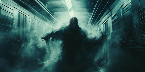 a CGI smoke monster from a movie stalks the subway - obrazy, fototapety, plakaty