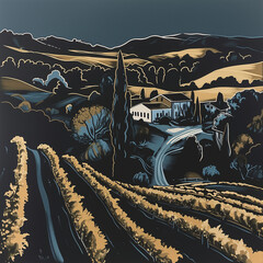 a winery graphic with gold and blue colors in a printmaking and painting style