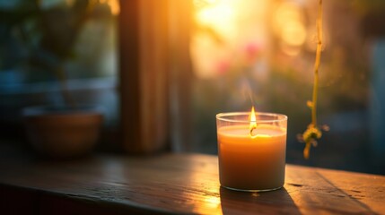  a lit candle sitting on top of a wooden table next to a potted plant and potted plant on the side of a window sill with the sun shining in the background.