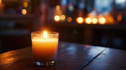  a lit candle sits on a table in front of a blurry background of candles in a dark room with a wooden table in the foreground and blurry lights in the background.