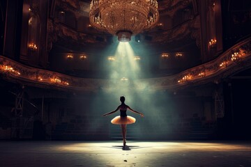 Lone ballerina standing on stage of a grand theater