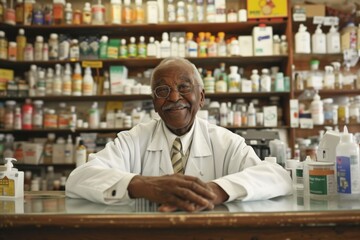 Fototapeta na wymiar Happy pharmacist behind the counter in his pharmacy