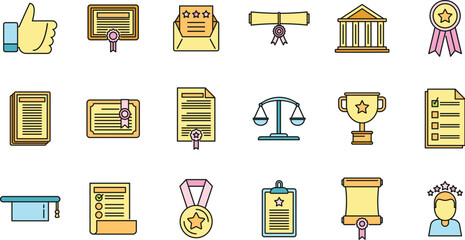 Online attestation service icons set. Outline set of Online attestation service vector icons thin line color flat on white