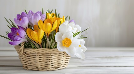 crocus flowers arranged in a straw basket against a pristine white wooden backdrop, offering options in white, yellow, or purple hues, creating a charming and colorful display of nature's bounty.