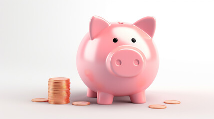 Pink Ceramic PigPink Ceramic Piggy Bank Next to a Stack of Coins on a White Background Created With Generative AI Technology