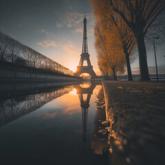 Sunrise at the Eiffel Tower with Autumn Leaves and Reflection