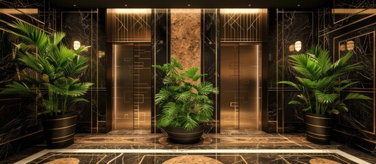 Art deco patterns and marble walls surround elegant bronze elevator doors, complemented by lush greenery in a planter.