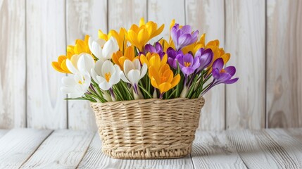 crocus flowers arranged in a straw basket against a pristine white wooden backdrop, offering options in white, yellow, or purple hues, creating a charming and colorful display of nature's bounty.
