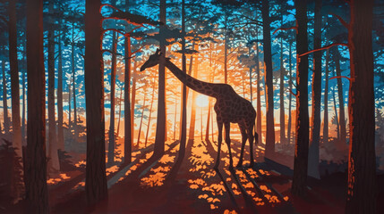  a painting of a giraffe standing in the middle of a forest with the sun shining through the trees and the sun shining down on the giraffe.