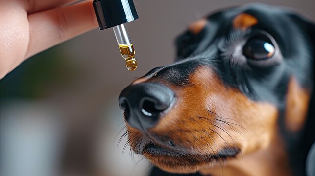 a human hand holding a dropper cap from which a drop of oil falls, conveying the intersection of pet curiosity and human wellness practices.