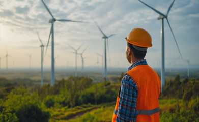 Wind energy engineer Industrial workers, teamwork in renewable resource management, teamwork in operational excellence, teamwork in green technology, affirming the concept Wind energy.. - obrazy, fototapety, plakaty