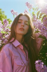 A serene young woman with a relaxed pose is surrounded by the vibrant purple of blooming lilac bushes, with sunlight filtering through the foliage.