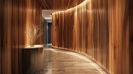 a carpentry wall surface structure design, enhanced by a glossy finish that accentuates the natural beauty and texture of the wood, creating a stunning visual focal point in any interior space.