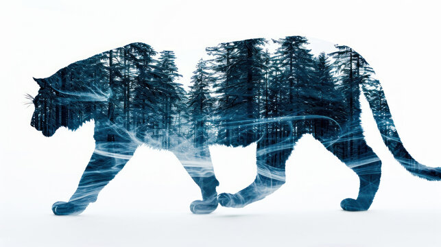  a black and white picture of a cat walking in the snow with trees in the background and the image of a cat's tail in the foreground of the image.