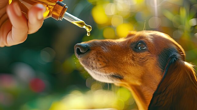 a human hand holding a dropper cap from which a drop of oil falls, conveying the intersection of pet curiosity and human wellness practices.
