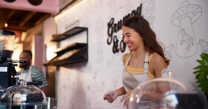 Coffee, takeaway and barista giving order in cafe with happy service, hospitality and woman in small business. Bakery, store and server in morning with sale of espresso, latte or green tea on menu