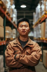Fototapeta premium A young Asian man in a brown jacket stands with crossed arms in a warehouse, displaying confidence and professionalism in a work setting.