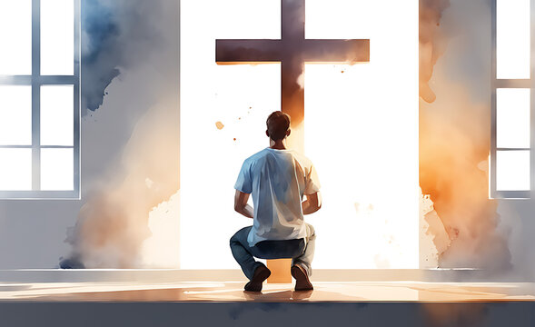 Young man kneeling and looking at the cross. Digital watercolor painting, on a white isolated background.