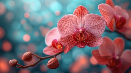 A close up of a pink flower on a branch