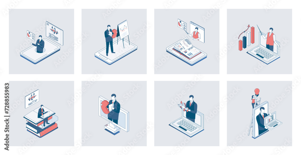 Poster business training concept of isometric icons in 3d isometry design for web. professional conference 