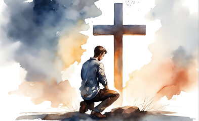 Young man kneeling and looking at the cross. Digital watercolor painting, on a white isolated background.