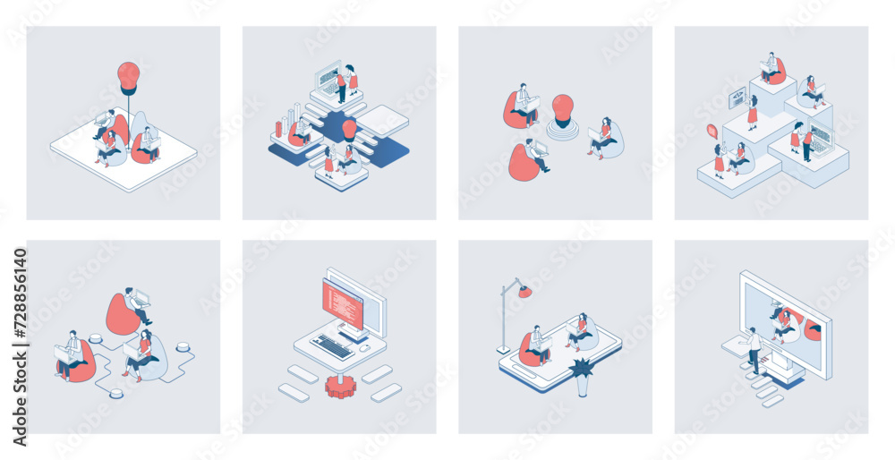 Poster coworking concept of isometric icons in 3d isometry design for web. office space with coworkers work
