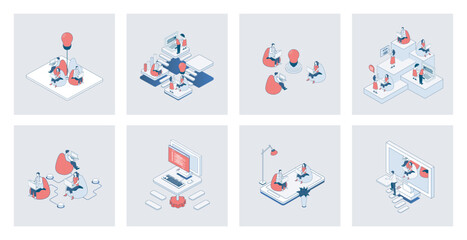 Coworking concept of isometric icons in 3d isometry design for web. Office space with coworkers workspace, colleague cooperation in workplace room, freelance and startup teamwork. Vector illustration