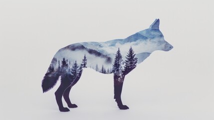  a painting of a wolf standing in the snow with trees on it's back and a mountain in the background with clouds and fog in the foreground,.