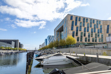 Modern and expensive area in Copenhagen with new luxury houses and a pier for yachts.