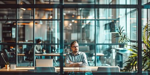 Naklejka premium Defociused businessman in modern open space office