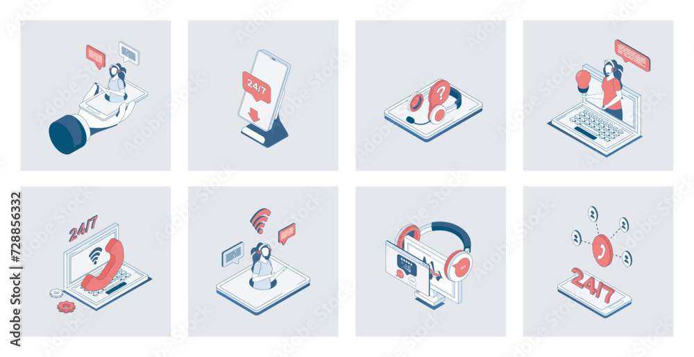 Poster Customer support concept of isometric icons in 3d isometry design for web. Online assistance and business communication, technical solution center with operators, client feedback. Vector illustration
