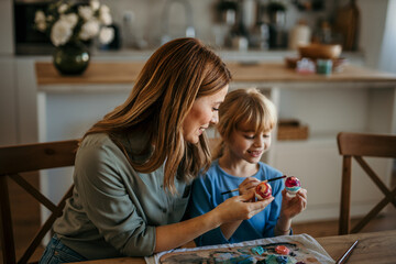 Joyful mother and daughter adding festive touches to their Easter celebration