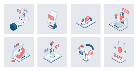 Fototapeta premium Customer support concept of isometric icons in 3d isometry design for web. Online assistance and business communication, technical solution center with operators, client feedback. Vector illustration