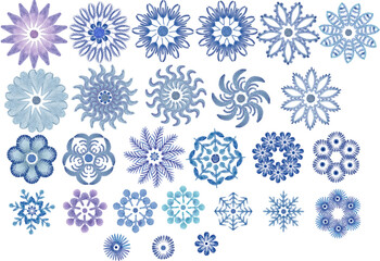 Set of winter flowers and snowflakes painted by hand in aquarelle technique